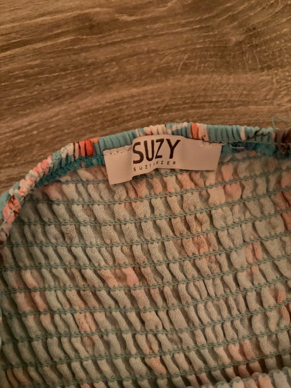 Floral Smocked Puff Sleeve Dress - Light Aqua with Coral Flowers - Picture 4 of 4